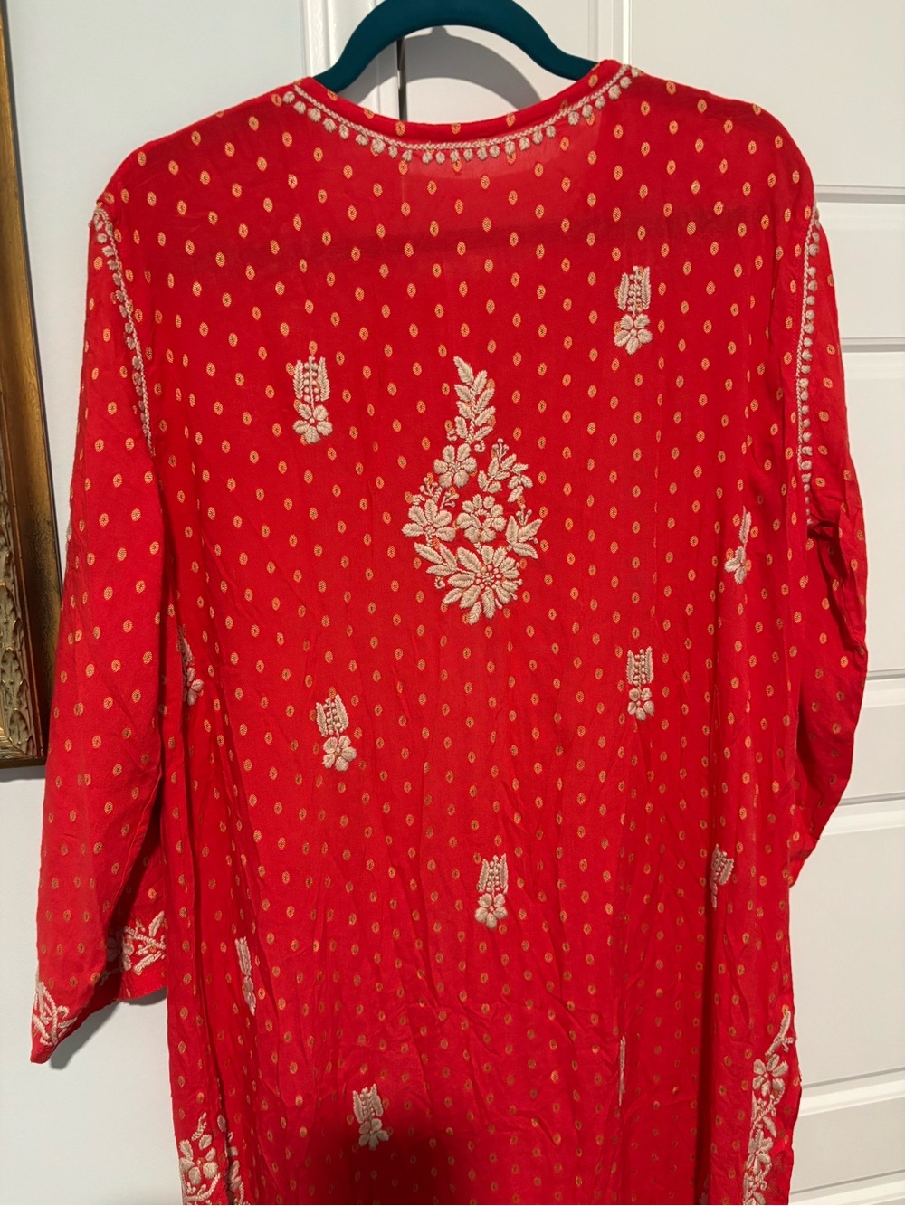 Johnny Was Type Red Tunic Top with Cream Floral Embroidery - Picture 9 of 11